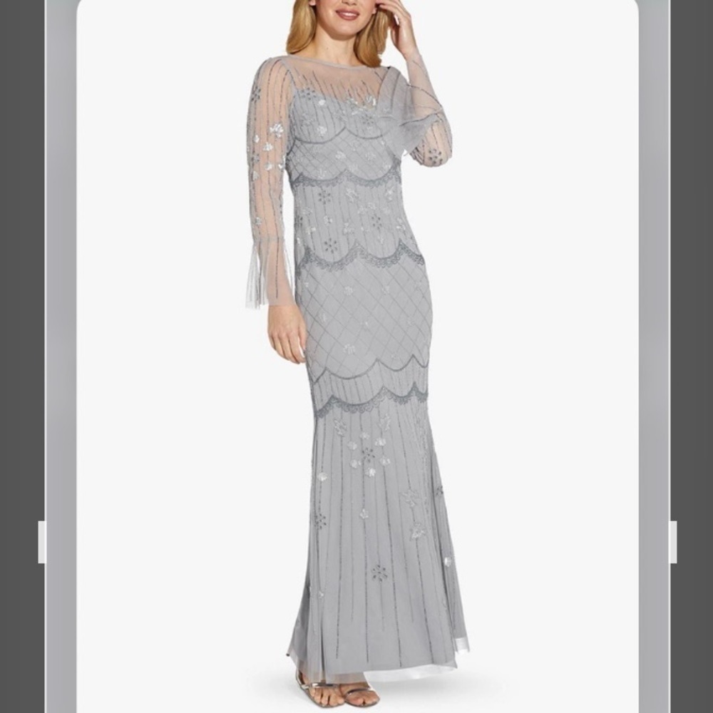 Adrianna Papell Bell Sleeve Illusion Beaded Mesh Covered Gown in Silver Mist 16 - Picture 5 of 7